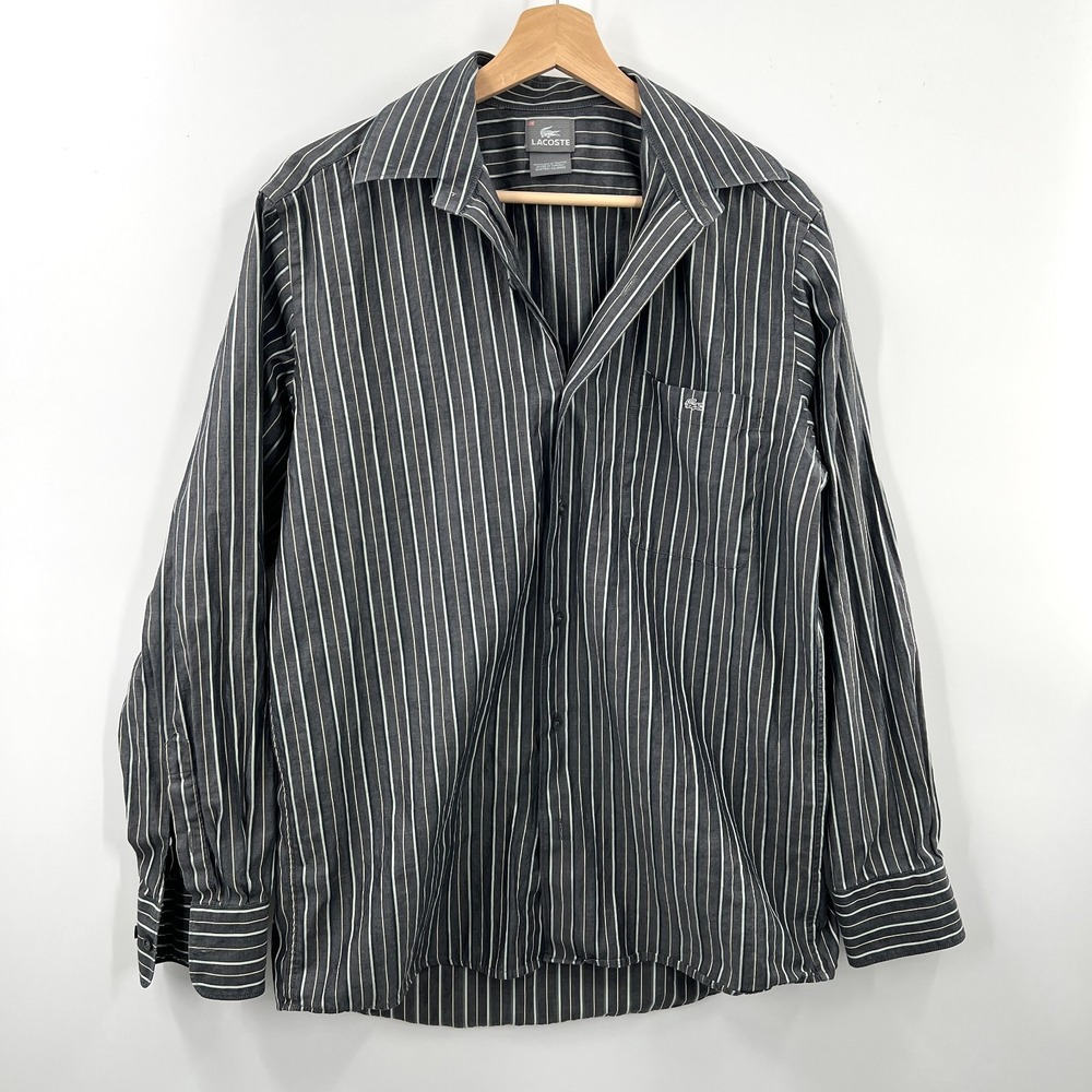 Lacoste old money striped button front shirt gray preppy cotton classic 40 M